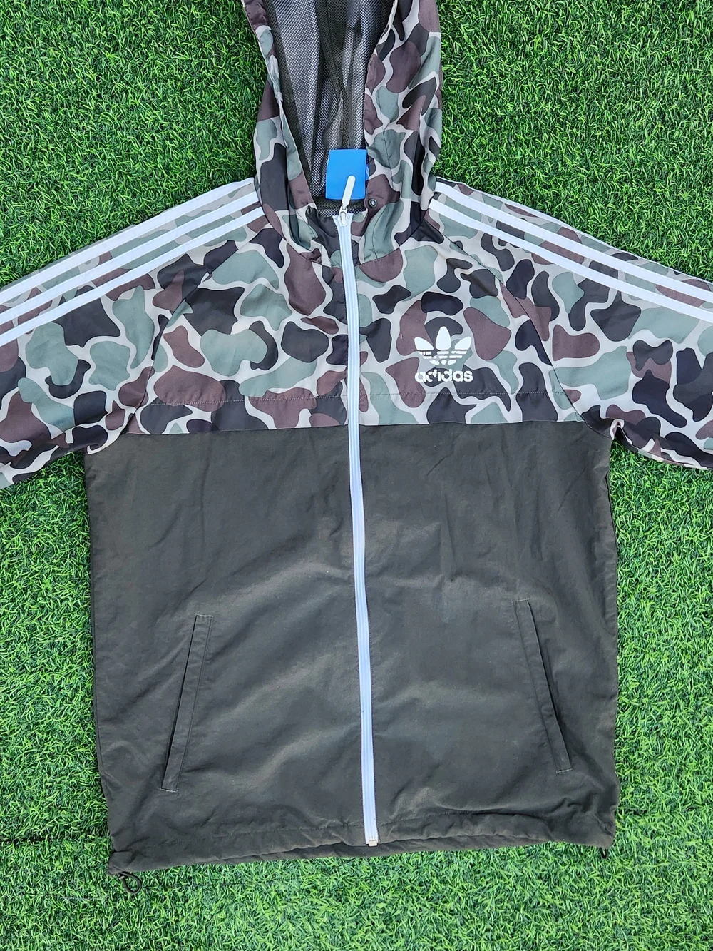 Adidas Jacket Mens M Green Camo Hoodie Full Zip Trefoil Logo Rev Windbreaker